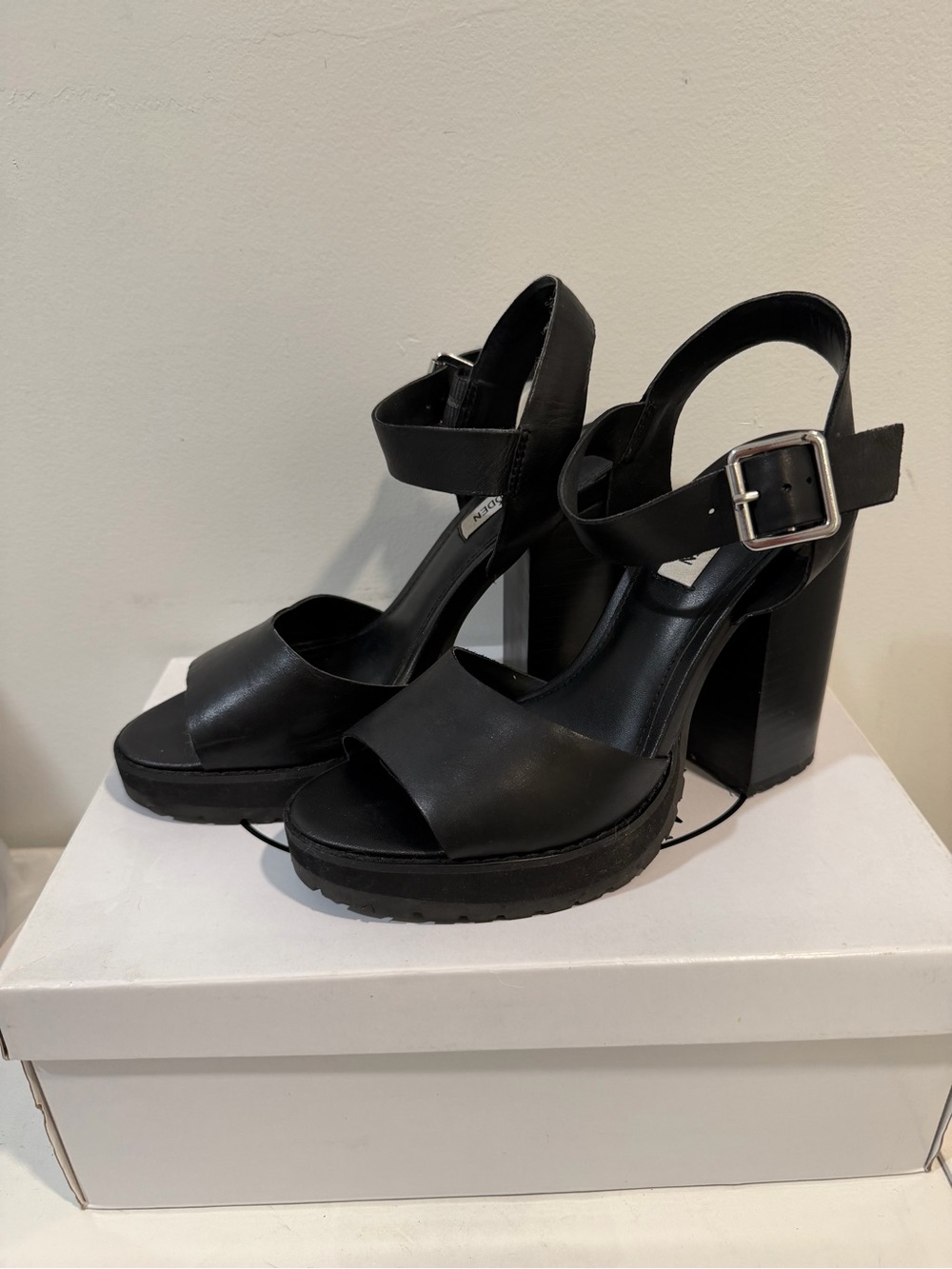 Steve Madden Black Platform Block Heel Sandals with Ankle Buckle